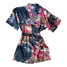 Kimono De Cetim Curto Preto Estampa Flor Fortuna