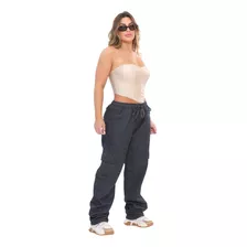 Calça Cargo Feminina Jeans Preta Elástico Na Cintura
