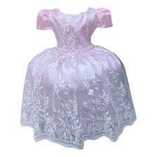 Vestido Infantil Rosa Renda Branca Realeza C/ Pérolas Luxo