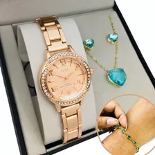 Relógio Aço Rosê Feminino Brilhante Prova Dágua Dhp Luxo
