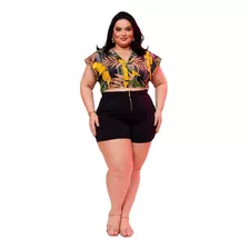 Conjunto Blusa E Short Manga Curta Plus Size 46 Á 54