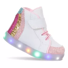 Tenis Bota De Led Luz Criança Branca Arco Iris Em Promoção