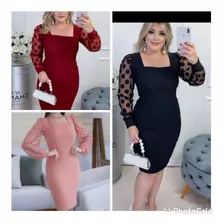 Vestido Plus Size Tubinho Evangélico Social Manga Tule Poá