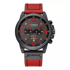 Reloj Para Hombre Curren 8314 Cronografo Cuero Acero Inox Correa Rojo Bisel Negro Fondo Negro