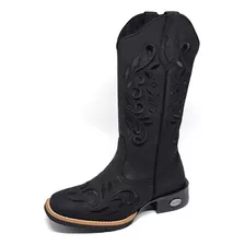 Bota Texana Country Feminina Em Couro Cano Alto Bordado 