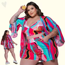 Conjunto Feminino Shorts Blusa Kimono Moda Praia Plus Size