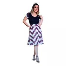 Vestido Evangélico Rodado Zig Zag Feminino Midi Com Cinto