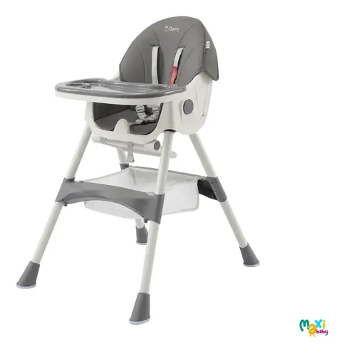 Cadeira Alimentação Infantil Portátil 2 Em 1 Reclinável 3 Posições Bandeja Dupla Cherry Maxi Baby Cinza Liso