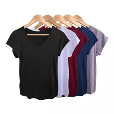 Kit 6 Blusas Camiseta Feminina Gola V Babylook Básica Lisa