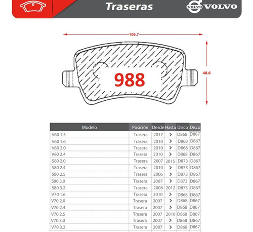 Pastillas Freno Traseras Para Volvo S60 Desde Ao 2010 Foto 2