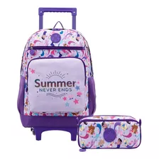 Mochila Infantil Escolar Rodinhas Sereia Menina Estojo Cor Roxo