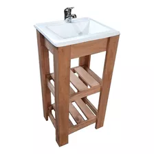 Mueble Para Baño Df Hogar Campo Pie + Bacha De 40cm De Ancho, 80cm De Alto Y 33cm De Profundidad, Con Bacha Color Blanco Y Mueble Nogal Claro Con Tres Agujeros Para Grifería