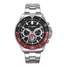 Reloj Nivada Caballero, Deportivo Toluca, Extensible Acero Correa Plateado Bisel Negro/rojo Fondo Negro