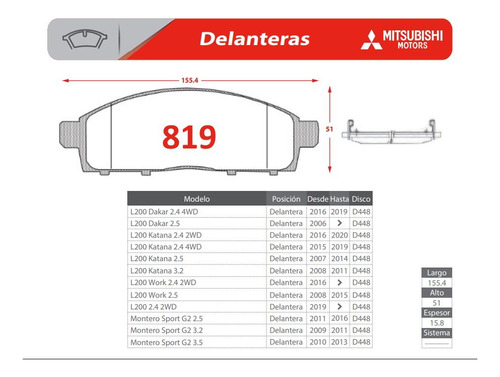 Mitsubishi L200 2007-2020 Balatas Traseras + Pastillas Del Foto 3