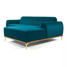 Sofá 350cm 6 Lugares Chaise Direito Molino Veludo Turquesa Cor Azul Desenho Do Tecido Liso
