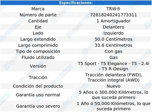 Amortiguador Gas Delantero Izquierdo V50 De 2005 A 2011 Trw Foto 2