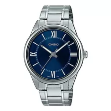 Reloj Casio Mtp-v005 De Hombre, Acero Inoxidable Fondo Azul Color De La Correa Plateado Color Del Bisel Plateado