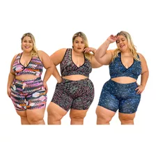 Kit 3 Conjuntos Fitness Feminino Short E Top Plus Size 