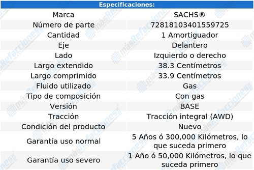 1 Amortiguador Gas Del Izq/der Ml320 V6 3.2l 98 Al 02 Sachs Foto 2