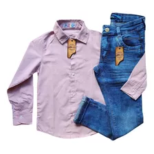 Kit Com Calça Jeans Com Lycra + Camisa Jeans Tam 4 6 8 Anos.