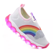 Tênis Infantil Feminino Led Meninas Arco-íris Calce Fácil