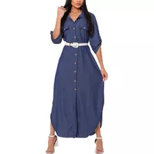 Vestido Jeans Chemise Manga Longa Camisão Longo Moda 