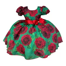Vestido Infantil Verde Florido De Rosas Natal Festas Luxo