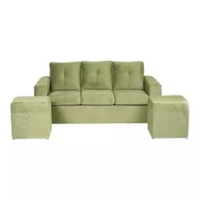 Sofá 3 Cuerpos Con 2 Pouf Felpa Verde Musgo/ Muebles América