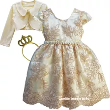 Vestido Realeza Off Dourado Chuva De Benção E Bolero Tiara