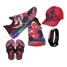 Tênis Infantil Homem Aranha Led + Boné + Chinelo + Relógio