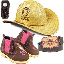 Kit Botina Rosa Feminina Chapéu Palha Cinto Cowgirl Bainha