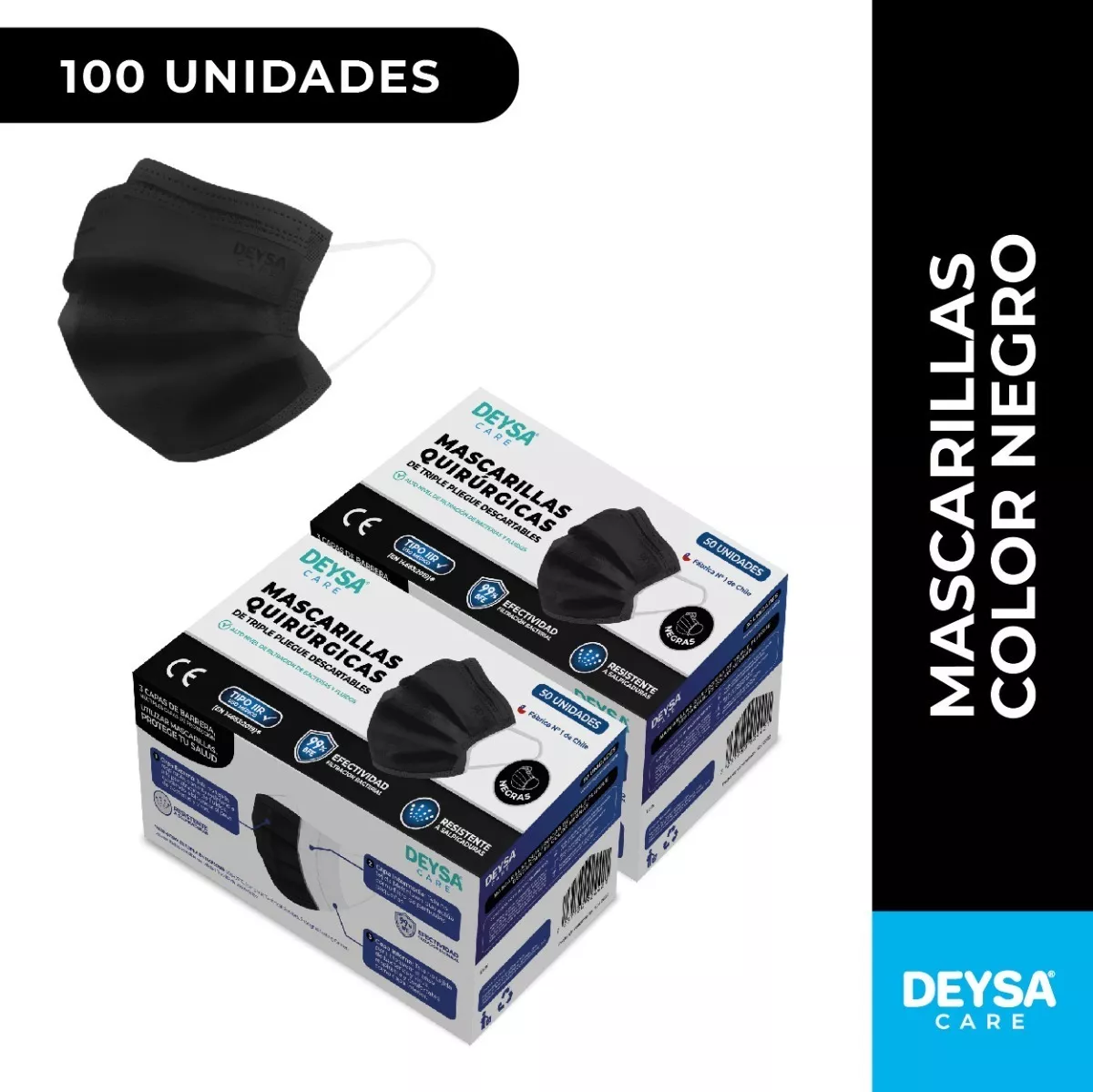 Mascarillas Desechables 50 Un 2 Cajas (100 Un). Color Negro