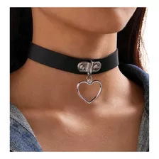 Gargantilha De Couro Choker Pingente Coração Coleira Preta