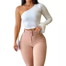 Calça Legging Modeladora Canelada 3d Com Cinto Nude