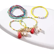 Pulsera Casual De Colores + Conchas + Dijes Set 7 Pieza Pnl