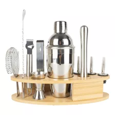 Kit Homebar Bartender 11 Peças Em Inox Suporte De Bambu