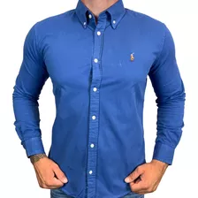 Camisa Polo Manga Longa Azul Oxford + Brinde [cinto]