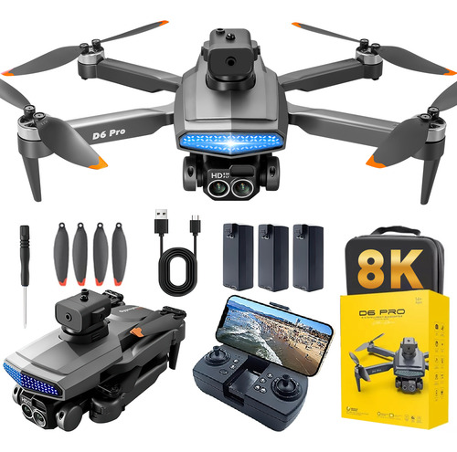 Mini Drone 4k 8k Hd Professional Fpv Plegable Sin Escobillas Con Doble Camera Wifi 2.4ghz Evitación De Obstáculos Control Remoto Vía App Con 3 Baterías D6pro Oscuro Gris