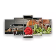 Quadro Decorativo Violino Teclado Rosa 129x61 5 Peças