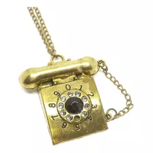 Colar Retrô Vintage 3d Telefone Mini Luxo Ouro Velho Strass