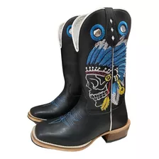 Bota Country Texana Melhor Couro Cocar Azul Salto Carrapeta