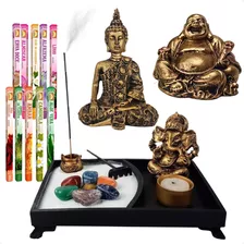 Kit Feng Shui Meditação Budas Jardim Zen Incensário+ Incenso