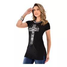 Camiseta Long Feminina Cruz Leão - Preta