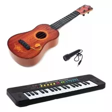 Kit Musical Infantil Teclado Com Microfone E Violão 4 Cordas