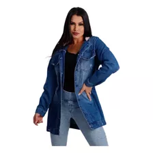 Jaqueta Jeans Feminina Plus Size Longa Forrada Com Estampa