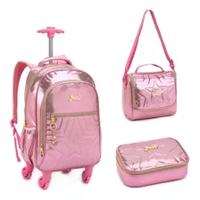 Kit Mochila Rodinha 360º Feminino Escolar Metalizado Fashion