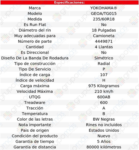 Paquete 4 Llantas 235/60r18 Geoa/tg015 Yokohama 107h Foto 2