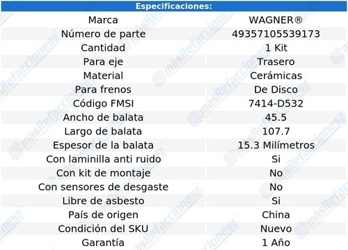 Kit De Balatas Ceramicas Tra Wagner Eclipse 3.8l 06 Al 12 Foto 2