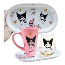 Set Taza Plato Y Vaso Kuromi Hello Kitty Cerámica Vidrio