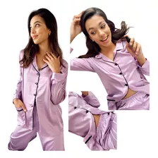 Pijama De Satén Mujer Camisero Invierno Comodo Suave Selene